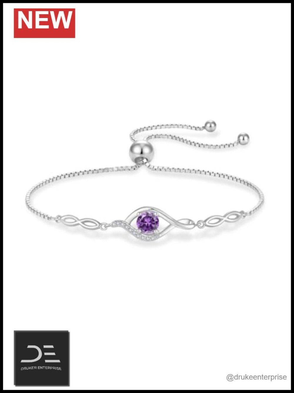 Infinity Birthstone Amethyst 925 Sterling Silver Adjustable Bracelet